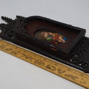 Antique 1800's Hand Painted AS IS Miniature Portrait of Saint Mary with Christ Child Jesus in Hand Carved Wooden Frame, Vintage Painting image 8