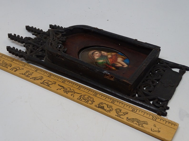 Antique 1800's Hand Painted AS IS Miniature Portrait of Saint Mary with Christ Child Jesus in Hand Carved Wooden Frame, Vintage Painting image 8