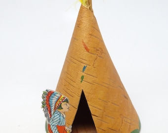 Antique Bark Teepee with Kid in Native American Dress in Wood Stand, Pressed Embossed Cardboard Stand Up Vintage Toy