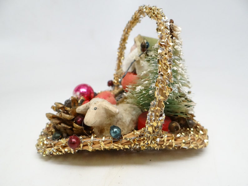 Mercury Glass Beads Tree Vintage Christmas Ornament Santa /& Sheep in Basket with Pine Cones