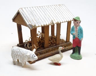 Antique German Barn, Hand Carved Sheep,  Hand Painted Composite Farmer Shepherd and Goose,  Erzgebirge Germany Toy