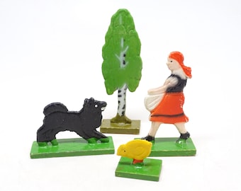 4 Antique Small German Wooden Stand Up Toys, Hand Painted Girl, Tree, Dog and Chick