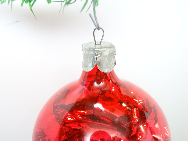 Antique Un-silvered Glass with Tinsel Christmas Tree Ornament, Vintage Holiday Decor image 3