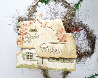Antique Early 1900's  Victorian Die Cut and Tinsel Christmas House on Tinsel, Vintage Scrap Ornament