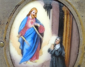 Antique Hand Painted  Miniature Portrait of Jesus Christ and Saint Teresa in Hand Carved Wooden Plaque, Vintage  Religious Painting