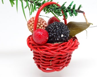 Vintage German Basket of Berries Christmas Tree Ornament, Antique Hand Painted Feather Tree Decor, Germany