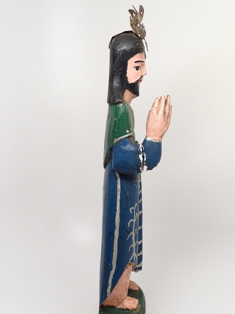 Early 1900's Antique Santos with Tin Halo, Vintage Polychrome Saint Religious Statue, Religious Church Folk Art image 7