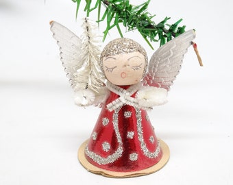 Vintage 1950's Glittered Spun Cotton Christmas Angel, for Putz or Nativity, Antique Silver Foil Paper Wings