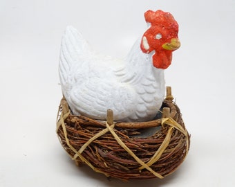 Antique German 1940's Chicken on Nest,  Vintage Hand Painted Composite Easter Hen in Twig Basket