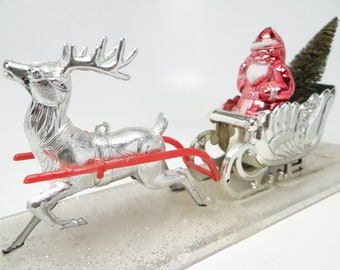 Vintage Plastic Santa in Sleigh with Reindeer, Retro Chistmas