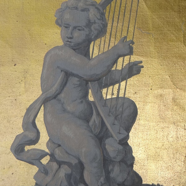 RESERVED LISTING for MITCHELL------------Early 1900's Cherub Oil Painting on Gilded Canvas, Antique Putti with Harp