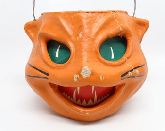 Vintage (AS IS) Reproduction Orange Cat Head Lantern, made with Pulp Paper Mache,  Halloween Decor