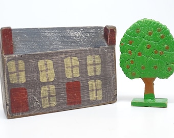 Vintage Toy German Wooden House and Tree,  Hand Made and Hand Painted Erzgebirge Toys