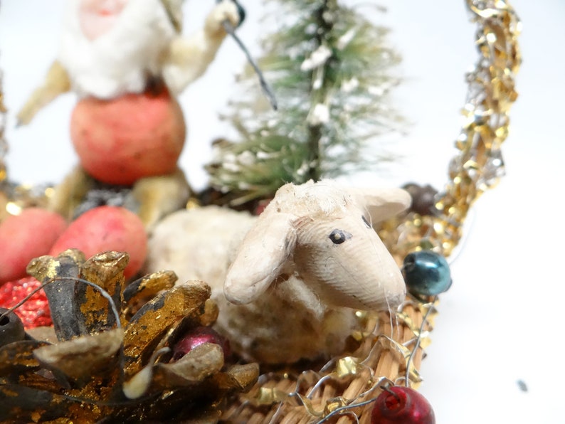 Mercury Glass Beads Tree Vintage Christmas Ornament Santa /& Sheep in Basket with Pine Cones