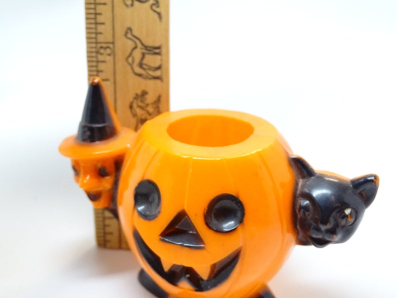 1950's Halloween Candy Container, Witch and Black Cat and Jack-o-lantern, Vintage, Retro Decor image 10