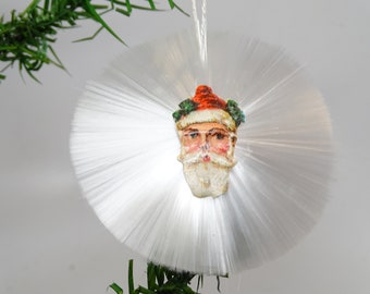 Antique  Embossed Santa Die Cut and Spun Glass Christmas Ornament, Vintage Scrap Holiday Decor