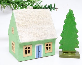 Antique  1940's German Christmas House with Tree, Hand Made, Vintage Hand Painted Wood for Nativity Putz or Creche, Germany