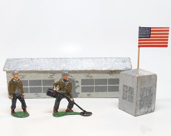 Antique 1940's Lead Toy Soldiers, Military Wooden Mess Hall, Guard House with American Flag, Vintage Army War Figures Made in England