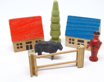 Vintage Toy German Village with Houses, Man, Fence, Cow, Tree, Hand Made of Wood and Painted Antique Erzgebirge Toys