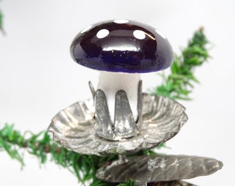 Vintage German Purple Spun Cotton Mushroom Clip On Christmas Tree Ornament, Antique Hand Painted Feather Tree Decor, Germany