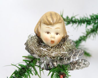Antique German Porcelain Doll Head in Tinsel Clip On Christmas Tree Ornament, Vintage Holiday Decor