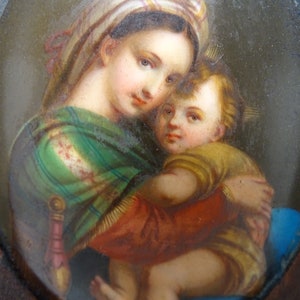 Antique 1800's Hand Painted AS IS Miniature Portrait of Saint Mary with Christ Child Jesus in Hand Carved Wooden Frame, Vintage Painting image 3