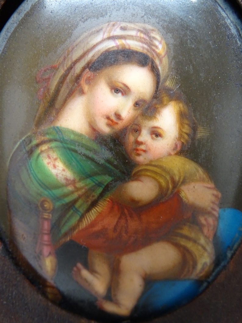 Antique 1800's Hand Painted AS IS Miniature Portrait of Saint Mary with Christ Child Jesus in Hand Carved Wooden Frame, Vintage Painting image 3