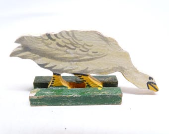 Antique 1930's German Goose on Wood Stand, Vintage Hand Painted Stand Up Farm Toy for Christmas Putz or Nativity