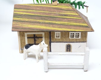 Antique German Barn with Fence & Dog for Christmas Putz or Nativity, Vintage Embossed Cardboard Toy, Germany House Light Cover