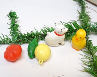 5 Vintage 1950's Tiny Plastic Fruits, Dog, Bird, Dog,  Feather Tree Christmas Ornaments