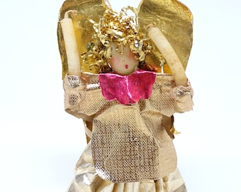 Vintage Rauchgoldengel German Christmas Angel, Nuremberg Doll with Wax Face & Candles, Pleated Foil Skirt, Wings