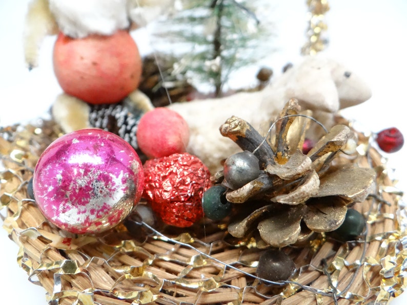 Mercury Glass Beads Tree Vintage Christmas Ornament Santa /& Sheep in Basket with Pine Cones