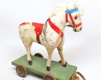 Antique German Horse Pull Toy, Vintage Victorian, Wooden Platform, Glass Eyes, Germany