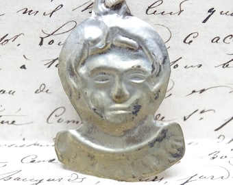 Antique Spanish 1800's Silver Wash Girls Head Ex Voto, Spanish Votive Amulet, Jaen Cathedral Spain, Vintage Religious Pendant