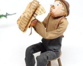 Antique Norwegian Hand Made Folk Art Doll, Spun Cotton Man with Newspaper, Vintage Norway