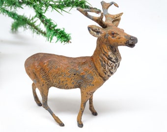 Antique German Metal Reindeer Hand Painted, Toy Lead Deer for Christmas Putz or Nativity