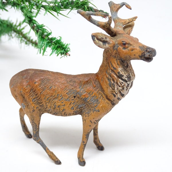 Antique German Metal Reindeer Hand Painted, Toy Lead Deer for Christmas Putz or Nativity