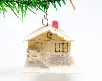 Antique 1940's Czech Christmas Ornament, Vintage Glittered Cardboard  House, Vintage Retro Decor