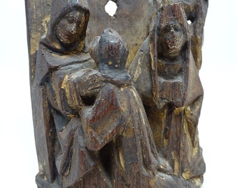 Antique Jesus Christ with Mother Mary, Hand Carved Relief, Holy Family Santos, Religious Folk Art Saint