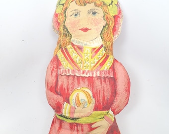 Antique Printed Cloth Doll, Vintage Stuffed 15 Inch Toy