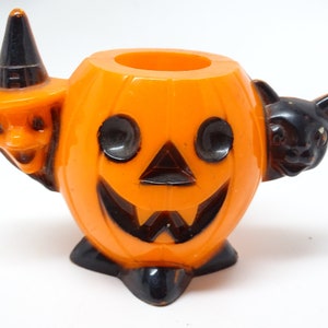 1950's Halloween Candy Container, Witch and Black Cat and Jack-o-lantern, Vintage, Retro Decor image 1