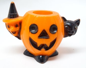 1950's Halloween Candy Container, Witch and Black Cat and Jack-o-lantern, Vintage, Retro Decor