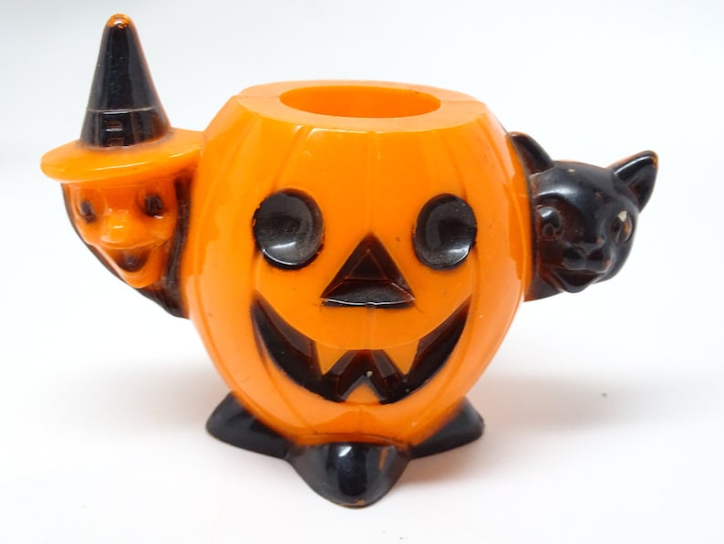 1950's Halloween Candy Container, Witch and Black Cat and Jack-o-lantern, Vintage, Retro Decor image 1