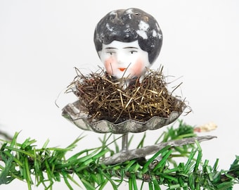 Antique Victorian Porcelain China Doll Head Clip On Christmas Tree Ornament with Tinsel Trim, Hand Painted Vintage Decor