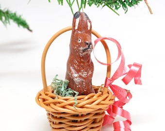 Vintage German Hand Painted Rabbit in Woven Basket Christmas Tree Ornament, Antique Easter Decor, Germany