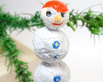 Vintage Hand Made Pulp Paper Mache Snowman Clip On Christmas Tree Ornament, Hand Painted Feather Tree Decor