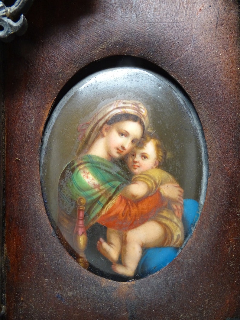 Antique 1800's Hand Painted AS IS Miniature Portrait of Saint Mary with Christ Child Jesus in Hand Carved Wooden Frame, Vintage Painting image 1