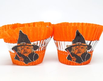 2 Vintage Black Cat & Witch Halloween Party Baskets, Orange Crepe Paper Candy Container, Retro Decoration