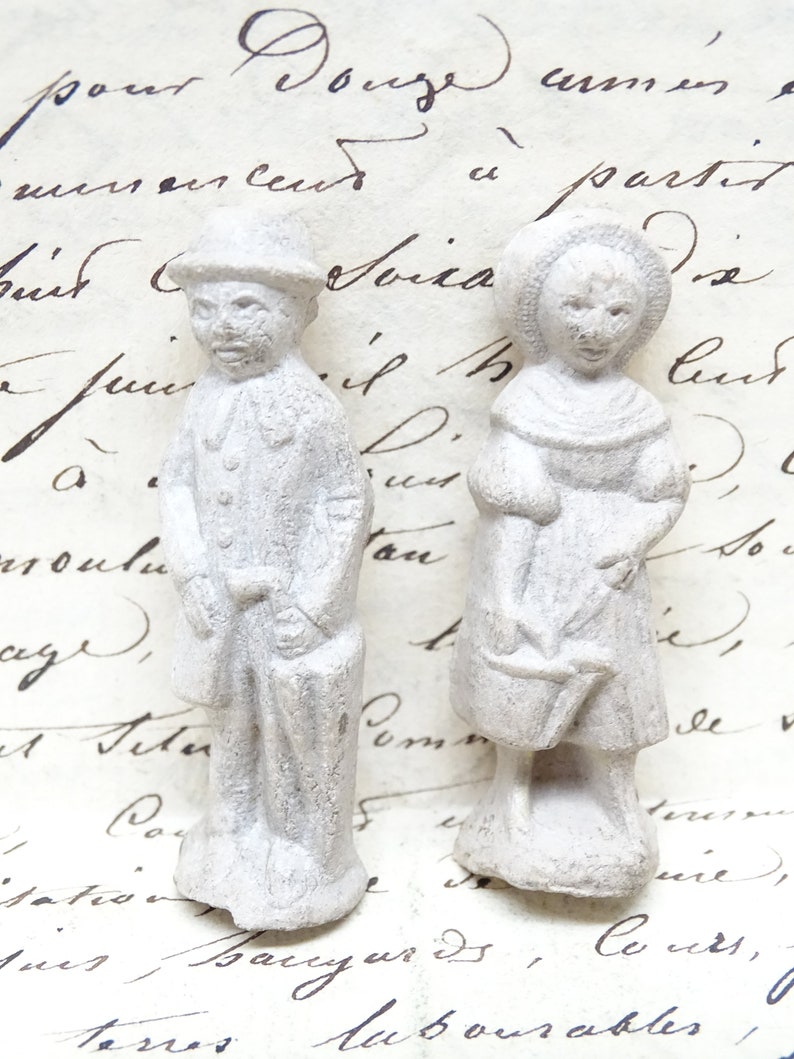 Antique Miniature French Un-Painted Composite Man & Woman Vintage Toys for Putz or Nativity, Doll House image 1