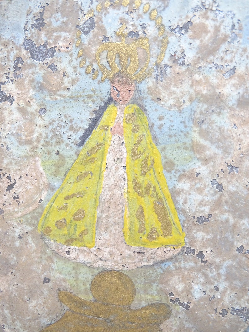 Antique Our Lady Votive Original Painting on Tin, La Virgen de San Juan de los Lagos Retablo, Vintage Ex Voto, Artist Signed image 4